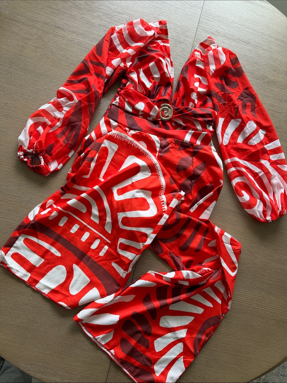 Red and White Printed One-Piece Swimsuit with Matching Pants - Picture 9 of 9